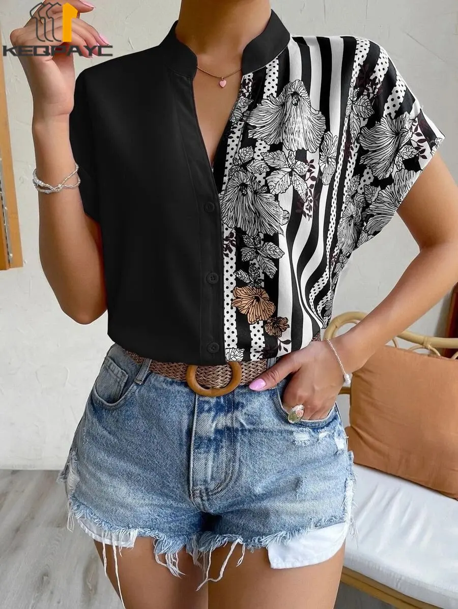

Summer Women's Blouse Shirts New 2023 Women Fashion Contrast Color Floral V-neck Short Sleeve T Shirt Ladies Casual Tops Tees