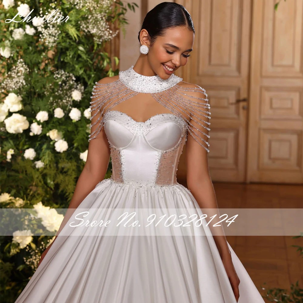 Lhuilier Customized A Line Strapless Satin Wedding Dresses Illusion Beaded  Bridal Gowns with Cathedral Train - AliExpress