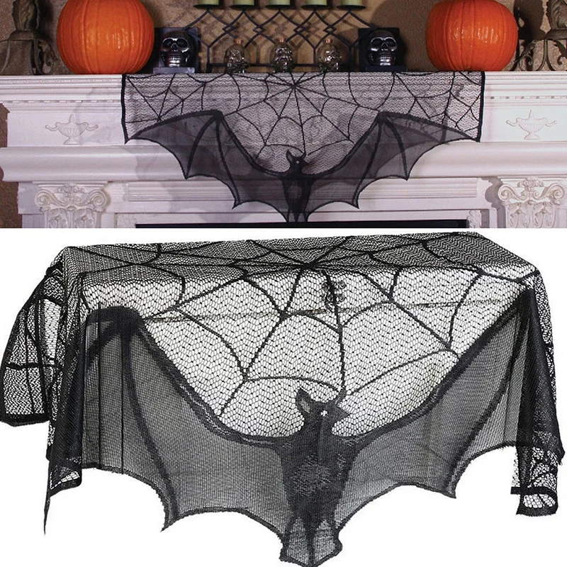 1 Piece of Halloween Lace Curtains Black Bat Spider Tablecloth Fireplace Stand Scarf Set Halloween Family Room Spider Web Horror Decoration halloween decoration