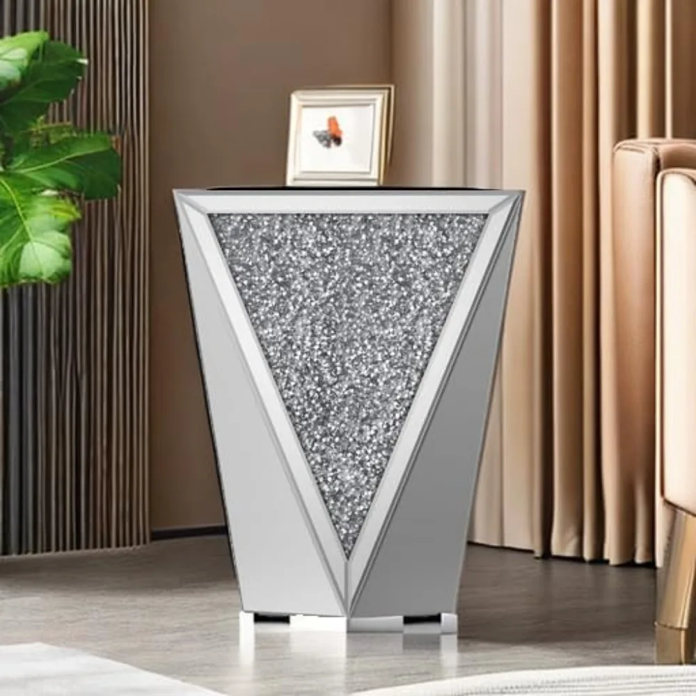 Mirrored End Table Crystal Diamond Setting Coffee Table Silver Glass Side Table Pedestal Stand for Hallway, Living Room, Corner 6
