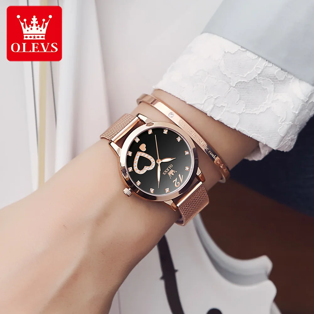 OLEVS Luxury Quartz Watch for Women Heart Dial Luminous Waterproof Fashion Milanese Steel Strap Diamond Face Women's Wristwatch
