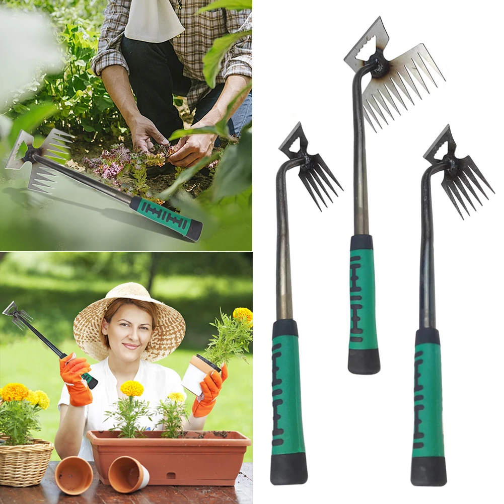 Metal Weeding Hoe Rake Stainless Steel Garden Weeders Grass Rooting Loose Soil Hand Weeding Removal Puller Gardening Tools