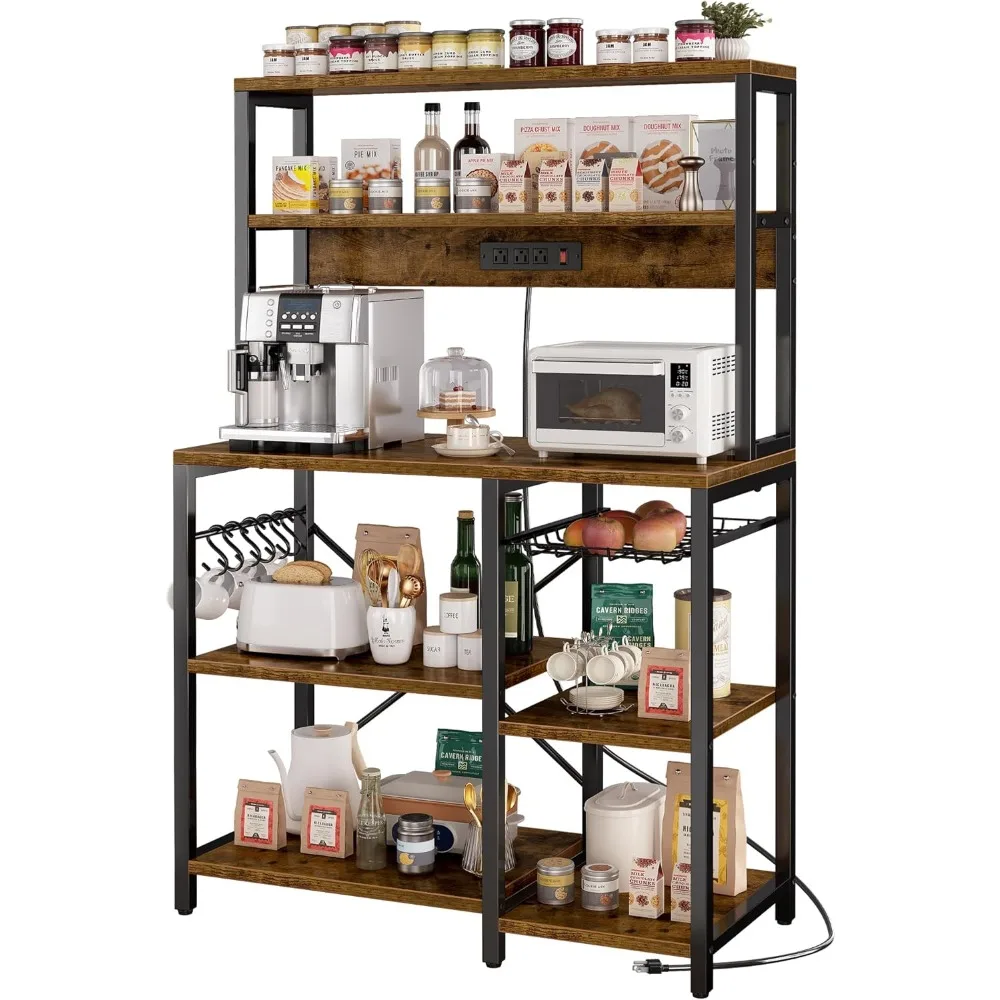 SUPERJARE Bakers Rack with Power Outlet, 35.4 Inches Coffee Bar with Wire Basket, Kitchen Microwave Stand 6 S-Shaped Hooks