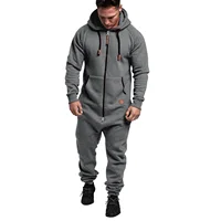 Men Jumpsuit Solid Long Sleeve Hooded Thick Playsuits Male Zipper Hoodies Romper Autumn One Piece Sets Casual Straight 2