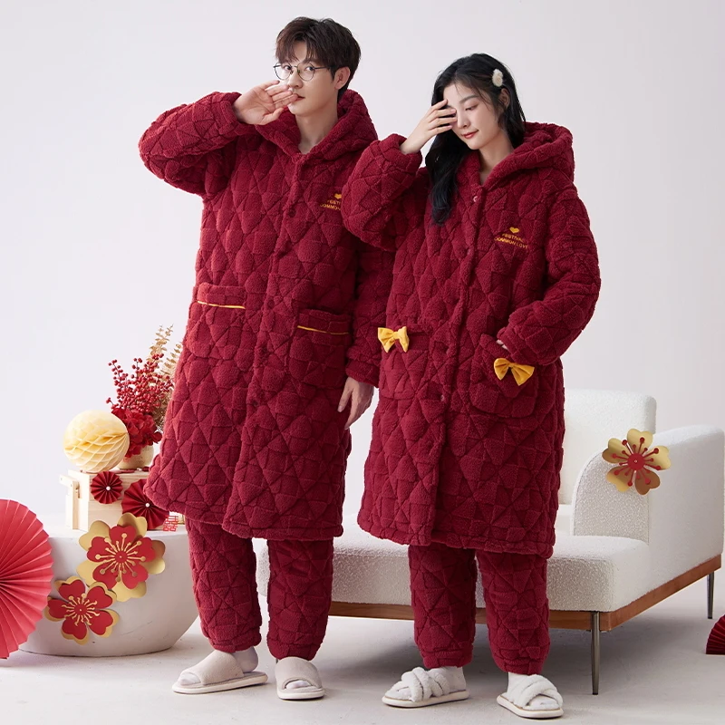 

Newest Couple Red Robe+ Pant Winter 3 Layer Clip Cotton Bathrobe Home Clothing Thick Warm Pijamas Hooded Hombre Robes 3XL