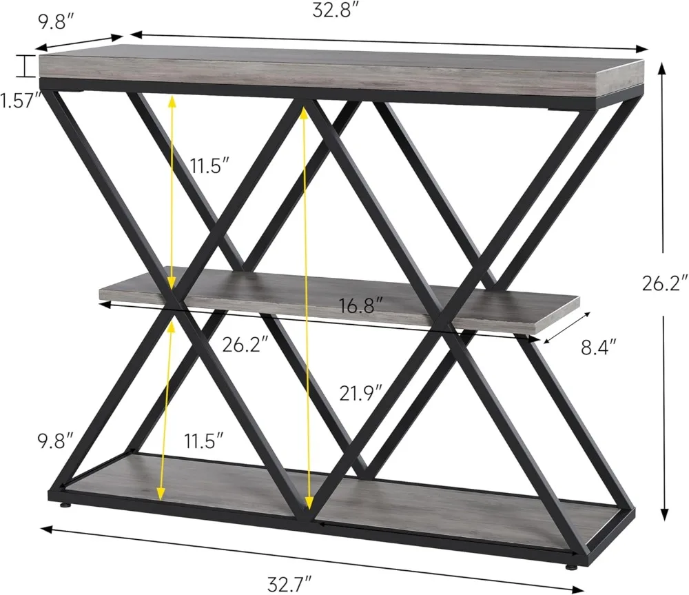 Industrial Console Table with Storage, 3-Tier Entryway Sofa Table, X-Shaped Metal Frame, Gray
