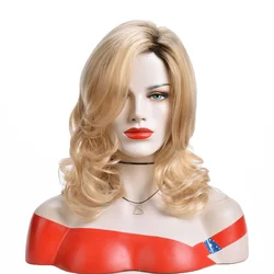 Fashion Blonde Natural Wave Wigs for White Women Medium Length Dark Roots Golden Blonde Ombre Synthetic Curly Hair Party Wigs