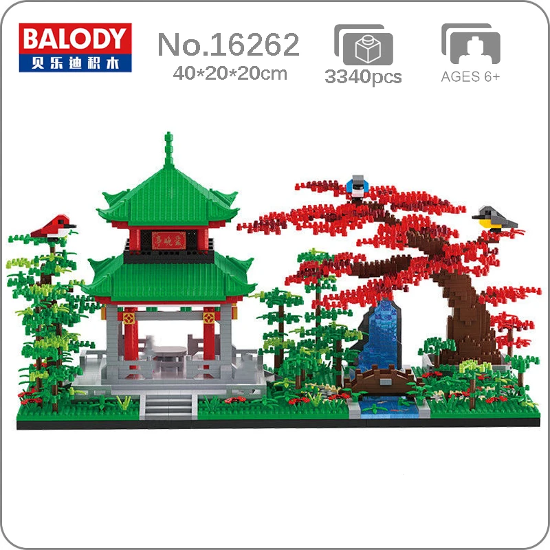 Balody 16262 Ancient Architecture Pavilion Garden River Bridge Tree