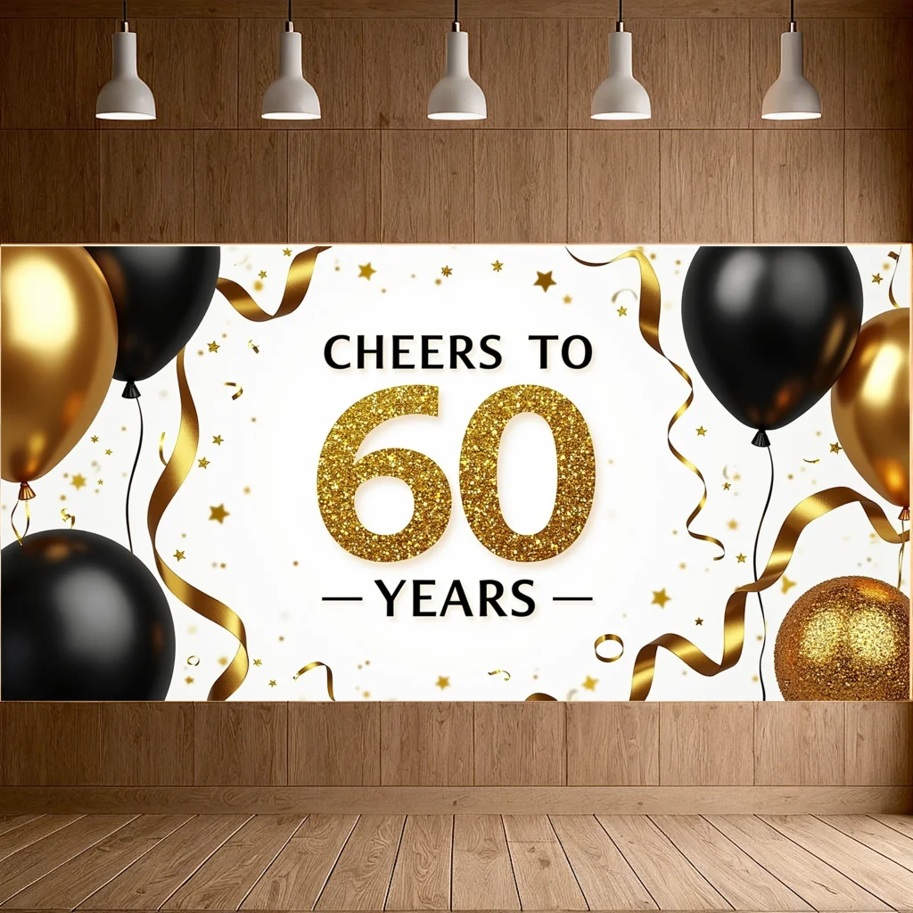 Prost auf 60 Jahre Banner-Hintergrund, glitzernder Ballon, 60. Jahrestag, Geburtstag, Party-Dekoration, Event, Fotografie, Hintergrund-Requisiten – Detail 10