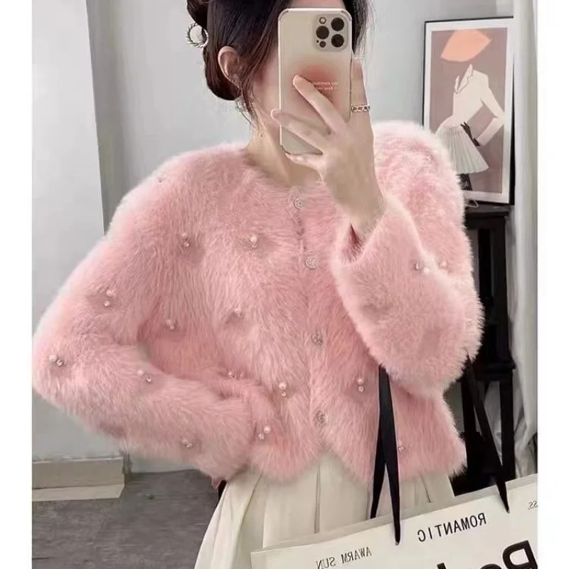 

Imitation mink velvet knitted cardigan 2024 spring autumn new thickened sweater jacket niche heavy industry beaded short top