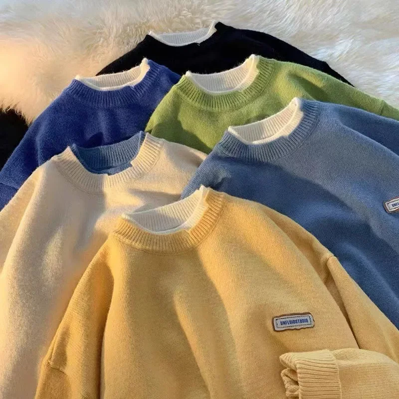 Fake Two Sweaters Men's Trend Winter Loose Fitting Men's Round Neck Knit Sweater Couple Outfit Jacket Men's Bottom Sweater