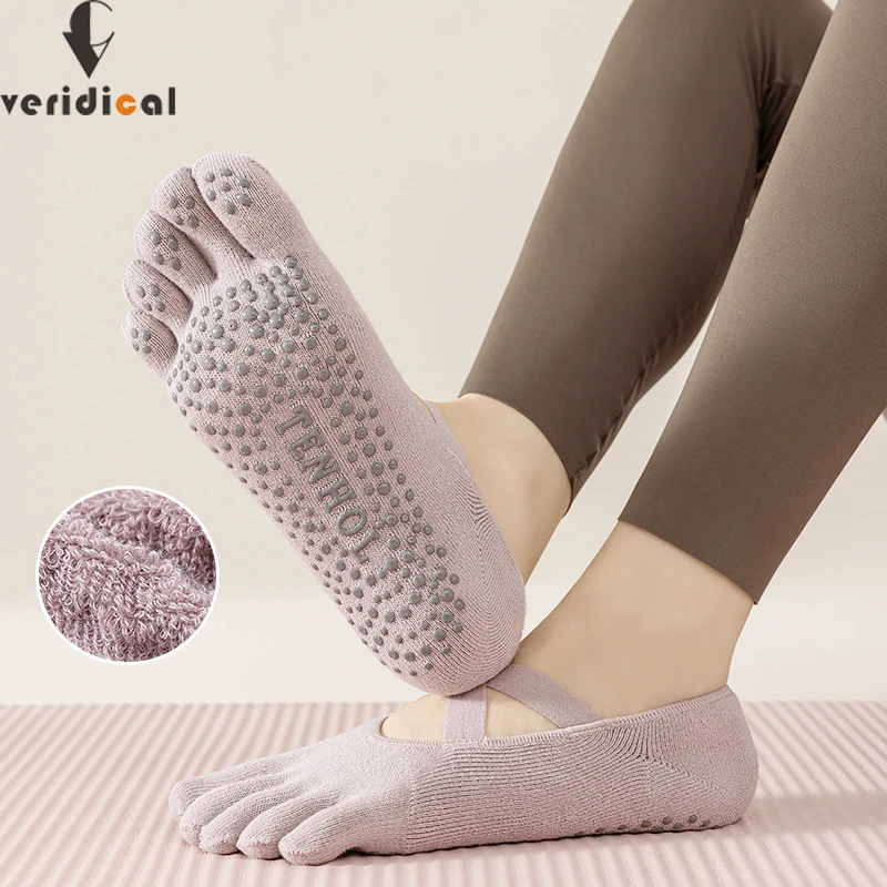 

5 Pairs 5 Finger Terry Socks Yoga Women Anti-Slip Gym Fitness Breathable Cross Back Pilates Dance Ankle Thick Toe No Show Socks