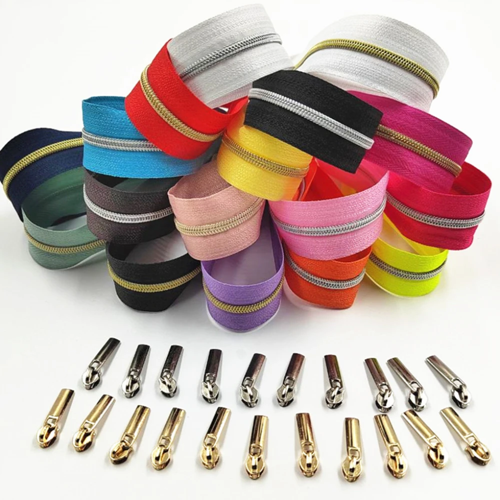 3# 5 Meters  Golden Silver Tooth Zippers Rolls with 10 Pieces Zipper Slider For Tailor Sewing Accessories
