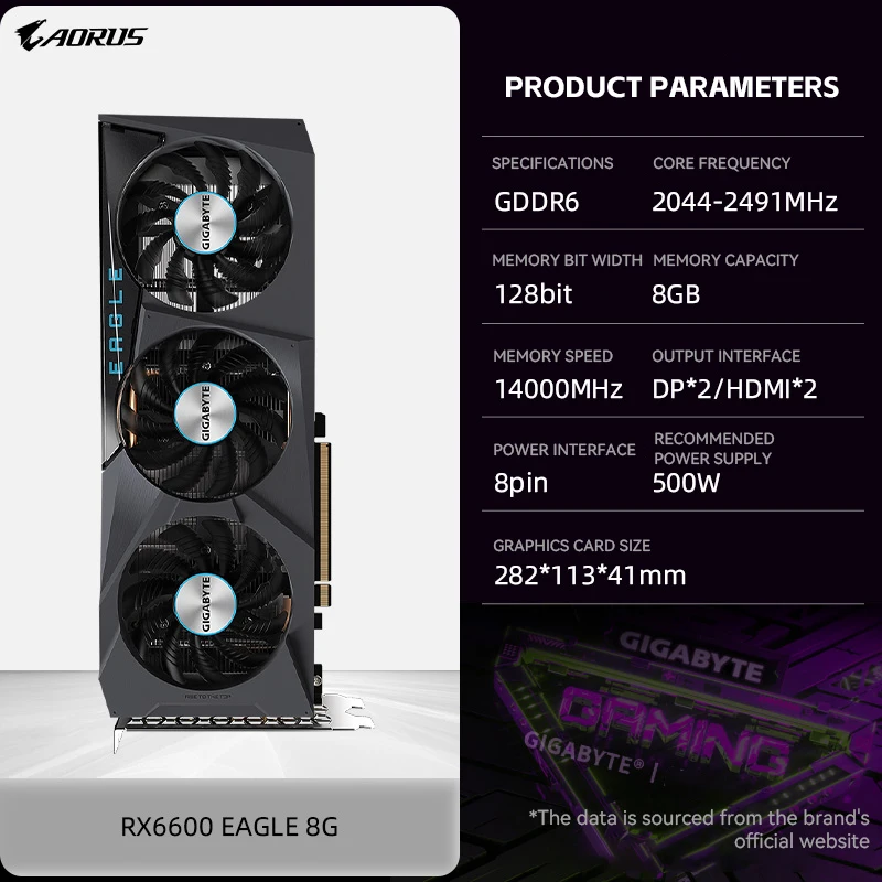 Graphics card GIGABYTE-AMD RX6600 EAGLE 8G Three fan GDDR6 128 bits PCIe 4.0