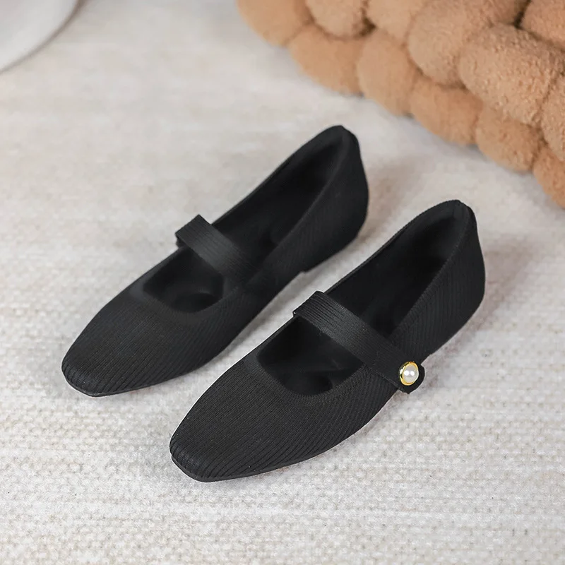 2024 Leisure Weaving Flats Women Ankle Strap Pearl Mary Stretch Fabric Ballerina  Knitting Moccasins  Mesh Ballet Solid Color