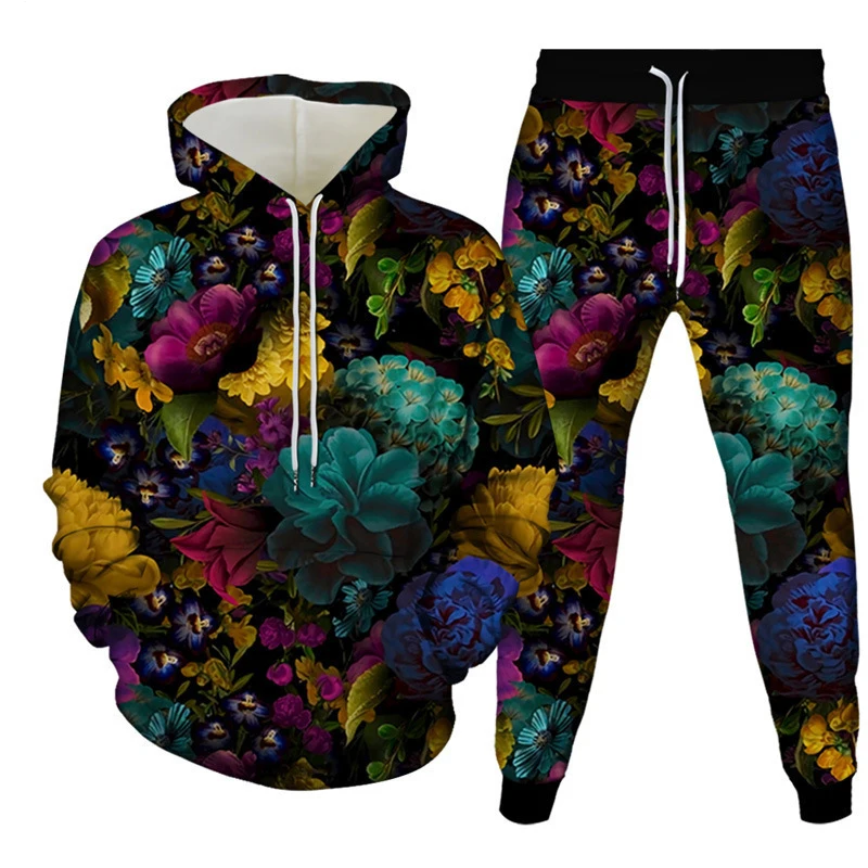 Mens Floral Hoodie Sweatpants Tracksuit