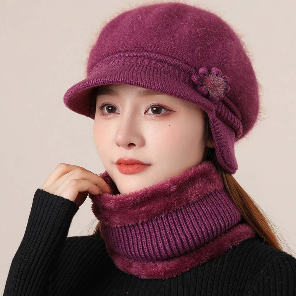 New Woman Winter Hat Ear Protection Warm Suit Plush Fur Lined Warm Hat For Female Casual Rabbit Fur Blend Knitted Cap
