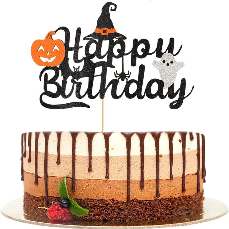 Tortenaufsatz „Alles Gute zum Geburtstag“, funkelnder Kürbisgeist, Halloween-Thema, Geburtstagskuchen-Dekoration – Detail 5