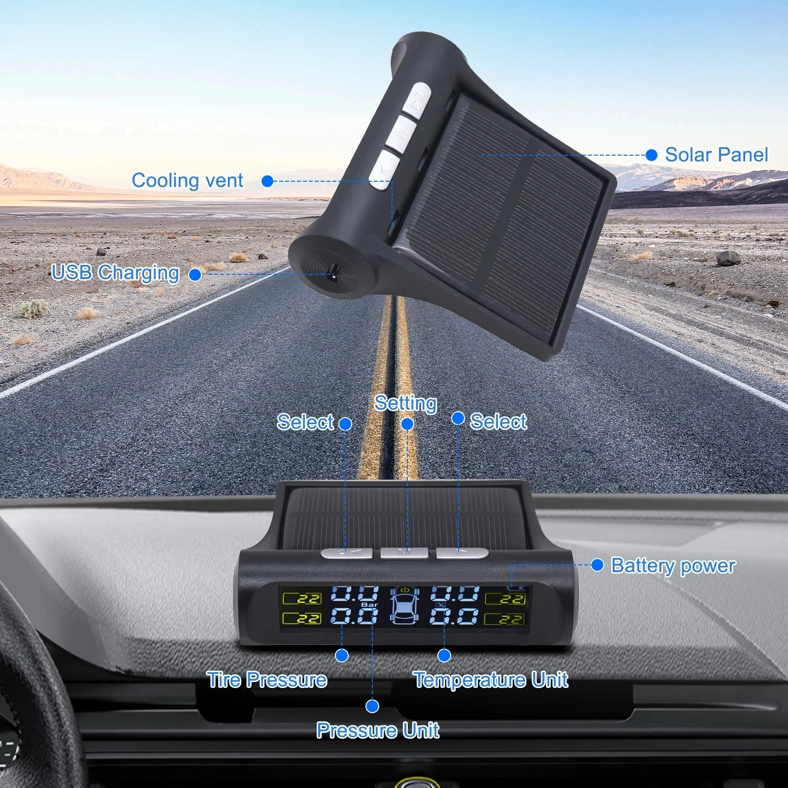 Solar-Powered Wireless Tire Pressure Monitoring System with 4 Sensors and Security Alarm