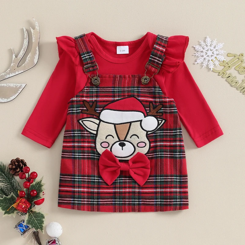 

2023-10-19 Lioraitiin Baby Girl Christmas Outfits Solid Color Long Sleeve Rompers Deer Patch Plaid Suspender Skirts Clothes Set