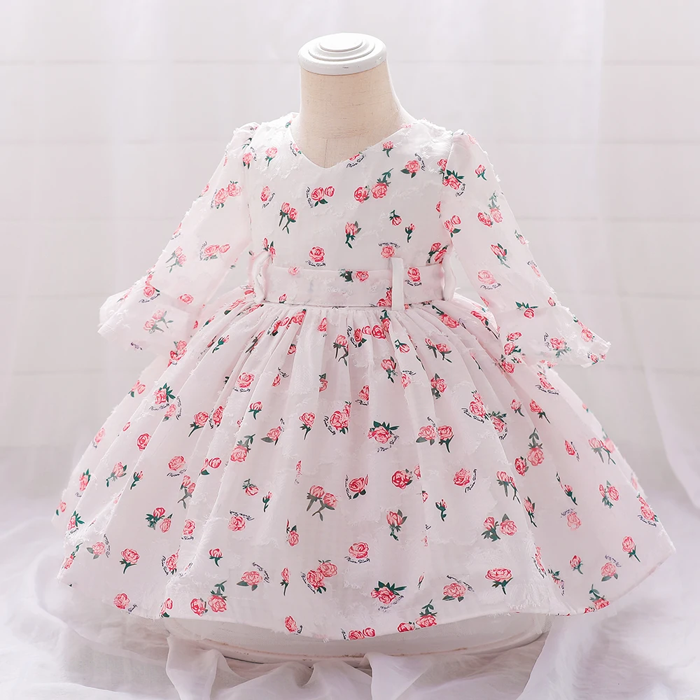 

Baby Girls 1st Birthday Baptism Dresses Floral Tulle Long Sleeved Princess Party Gown First Communion Infant Kids Vestidos