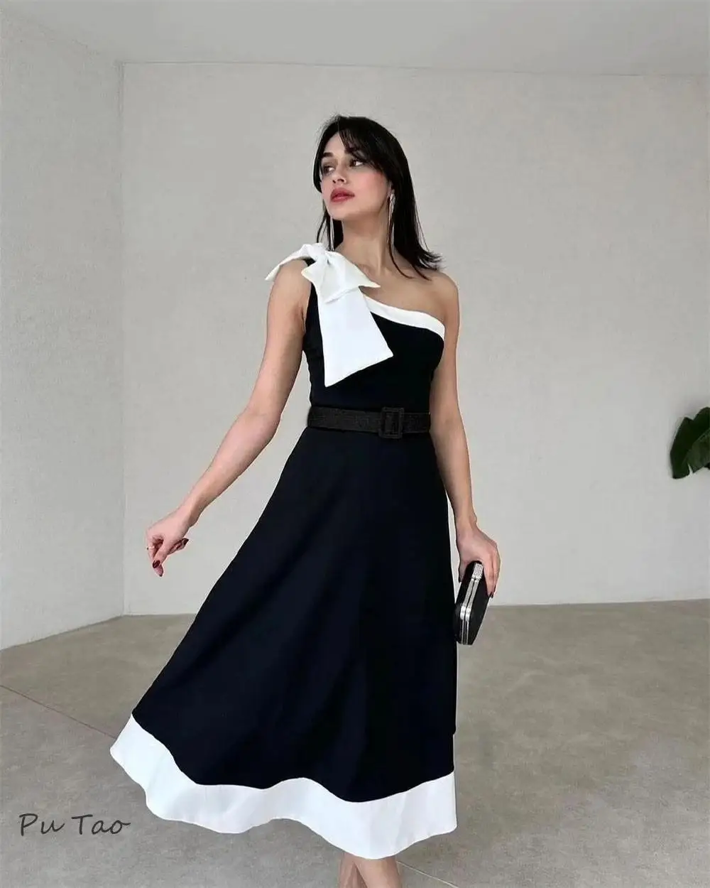 PuTao Satin Bow Prom Dress Sashes Cocktail Party Dress A-line One-shoulder Bespoke Formal Occasion Dress Women Ankle Length