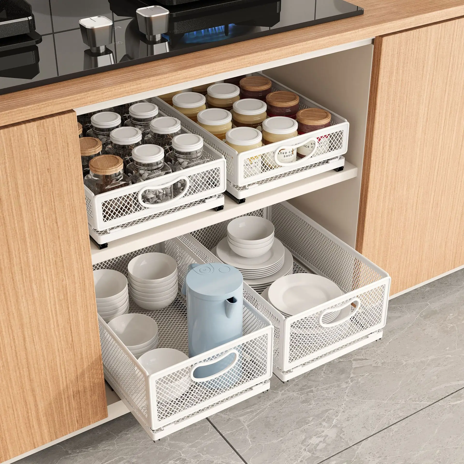 DIY Cupboard Drawer Basket Kitchen Storage Shelf Organizer Sliding Cabinet  Basket Pull Out Metal Drawer Type Mesh Basket - AliExpress