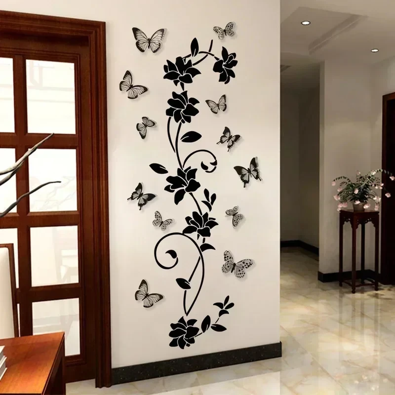 3D Butterfly Wall Sticker Black Flower Vine Bedroom Room Decoration Removable