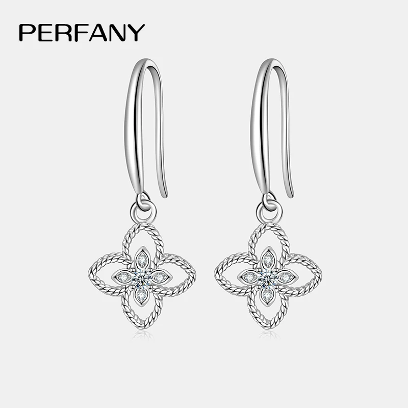 PERFANY 0.08CT Moissanite Clover Drop Earring Women S925 Pure Silver Laboratory Cultivate Diamond Fashion Wedding Jewelry ﻿