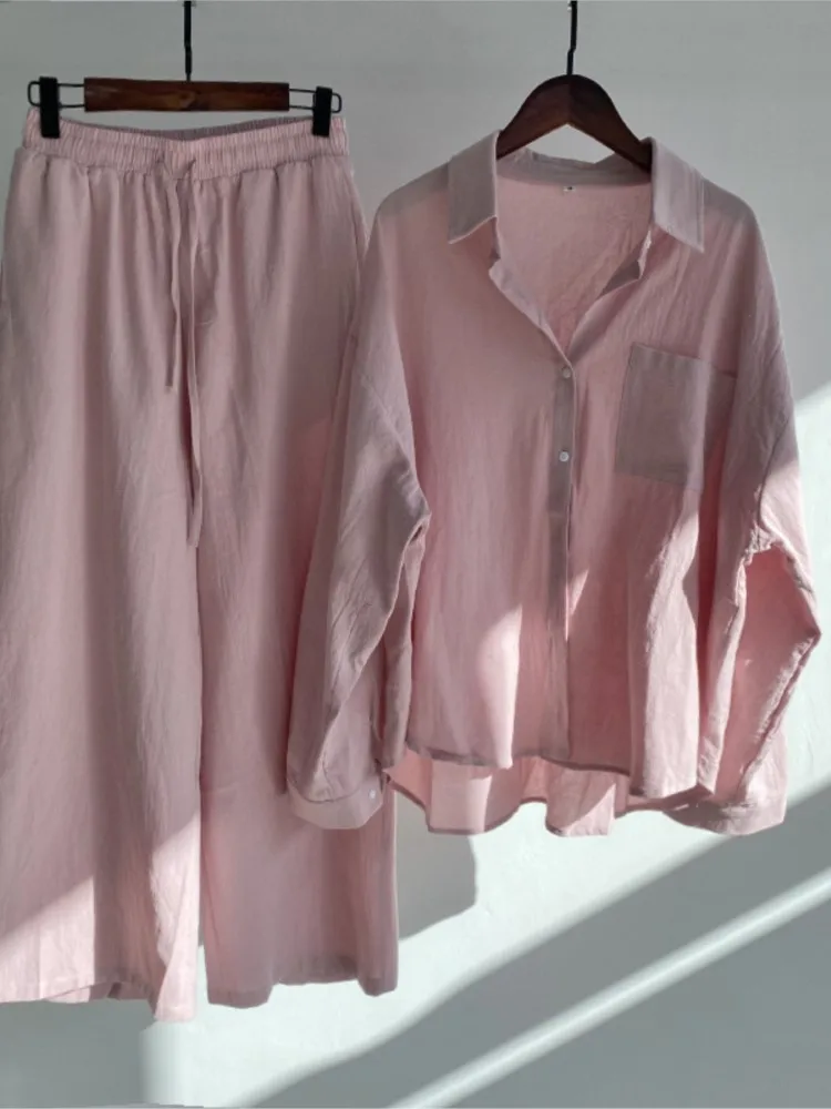 Fashion Button Long Sleeve Shirt + Pants Two Piece Sets Woman 2024 Spring Summer Cotton Linen Casual Home 2 Piece Set For Women