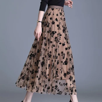 Mesh Floral Skirt For Women 2024 Autumn Summer Lace Flocking Fashion Big Swing Elastic High Waisted Elegant Mujer Party A-Line