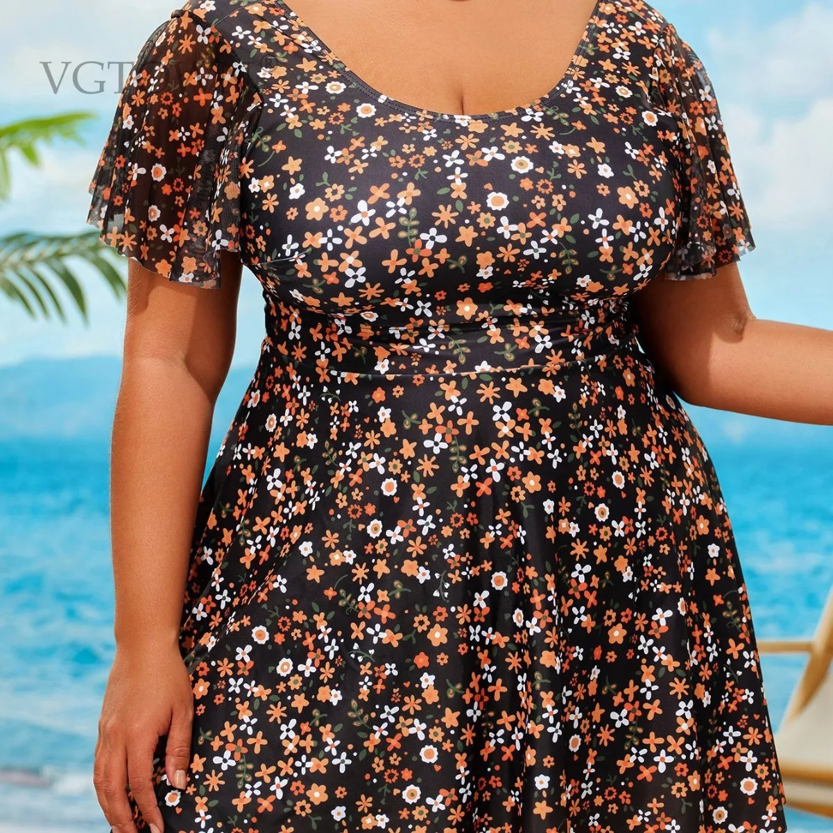 Plus Size 8XL Swimsuit Woman Print Short Sleeve Beach Outfits Bikini Dress High Waist Large Size Bath Clothes Tankini