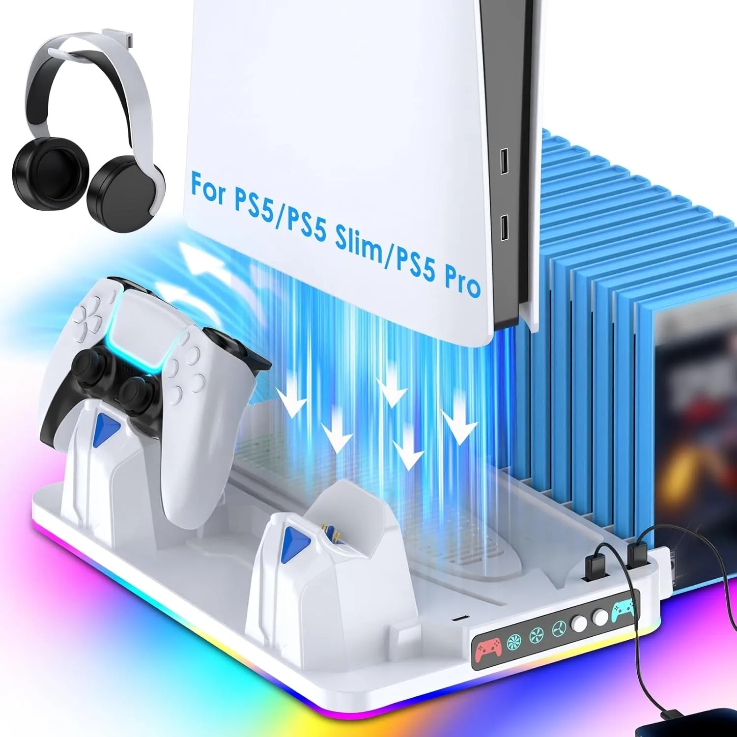 멀티 기능 PS5 쿨링 스테이션 (듀얼 컨트롤러 충전기, RGB LED 조명, 게임 홀더, PS5 슬림/프로용 USB 허브 포함)
