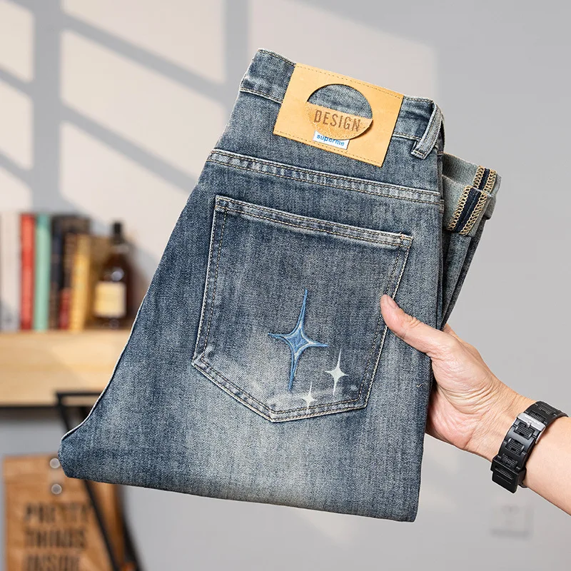 2024 light luxury high end new jeans for MEN'S FASHION trendy brand straight fit casual versatile elastic retro denim pants