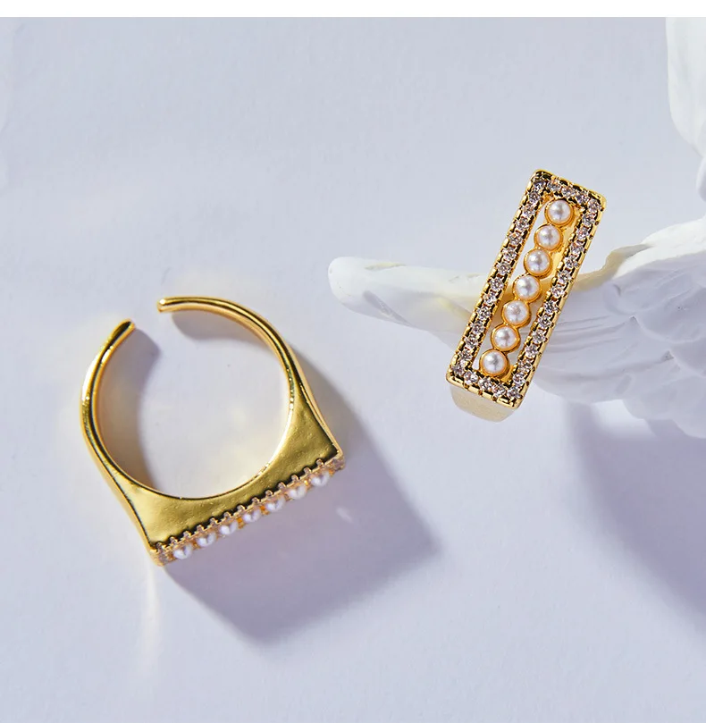 Modischer Imitationsperlen-Offener Ring für Damen, Kupfer Quadratischer Luxus-Strass-Ring, Sommerlicher Wasserfester Schmuck – Detail 8