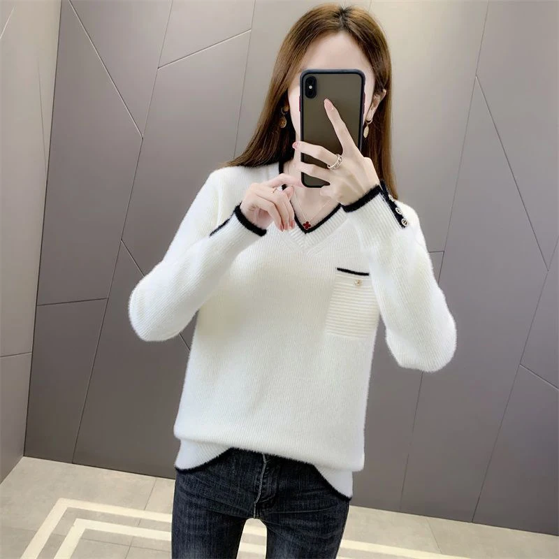 Autumn Winter v-neck  pullovers fake-mink cashmere womens elegant slim trendy all-match  casual sweaters HT6 christmas sweatshirt