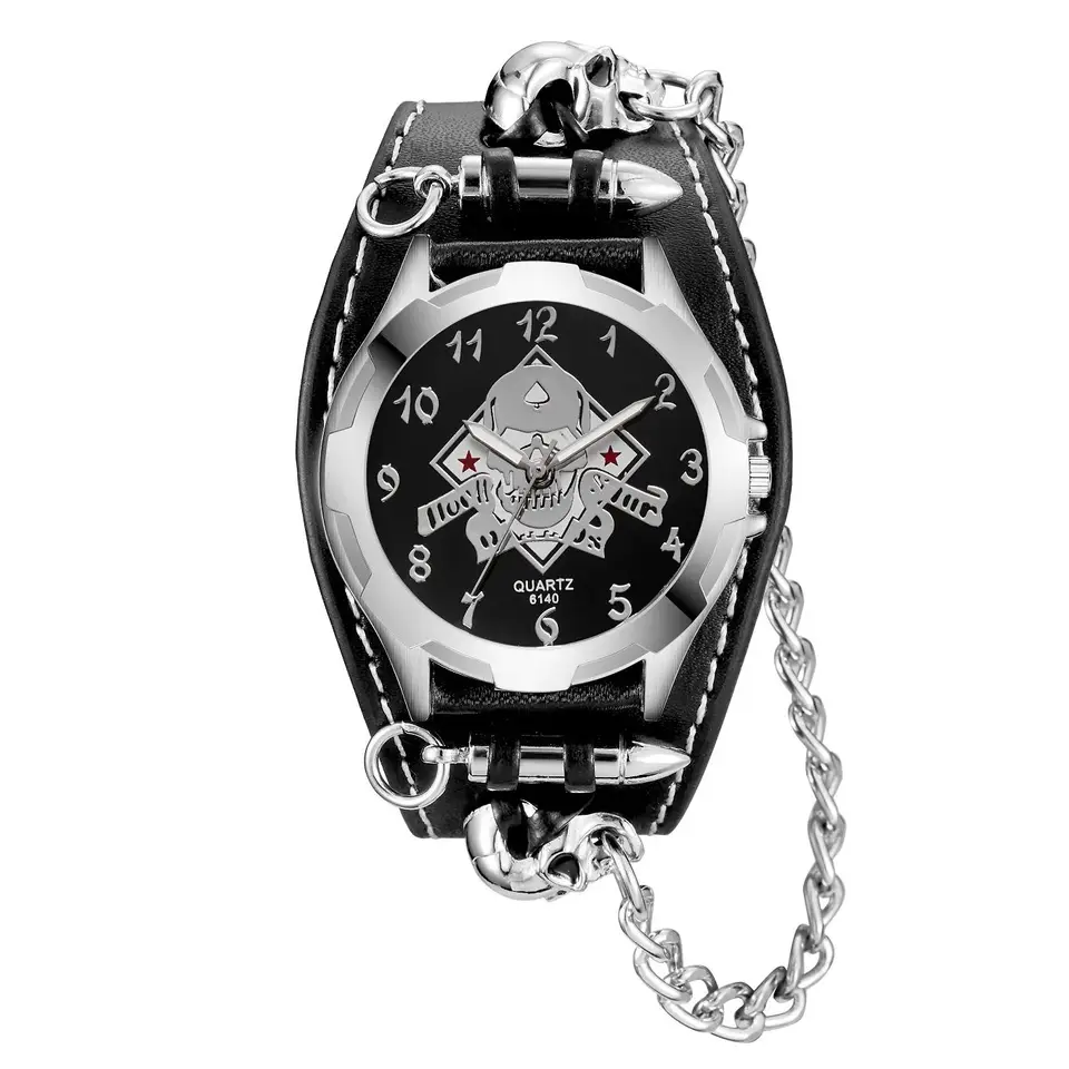Montre Homme Cuir Punk JewelryWe - Cadran Noir 3 Sous-cadrans, Bracelet Large Réglable 20,5-26,5 Cm - Style Steampunk Biker
