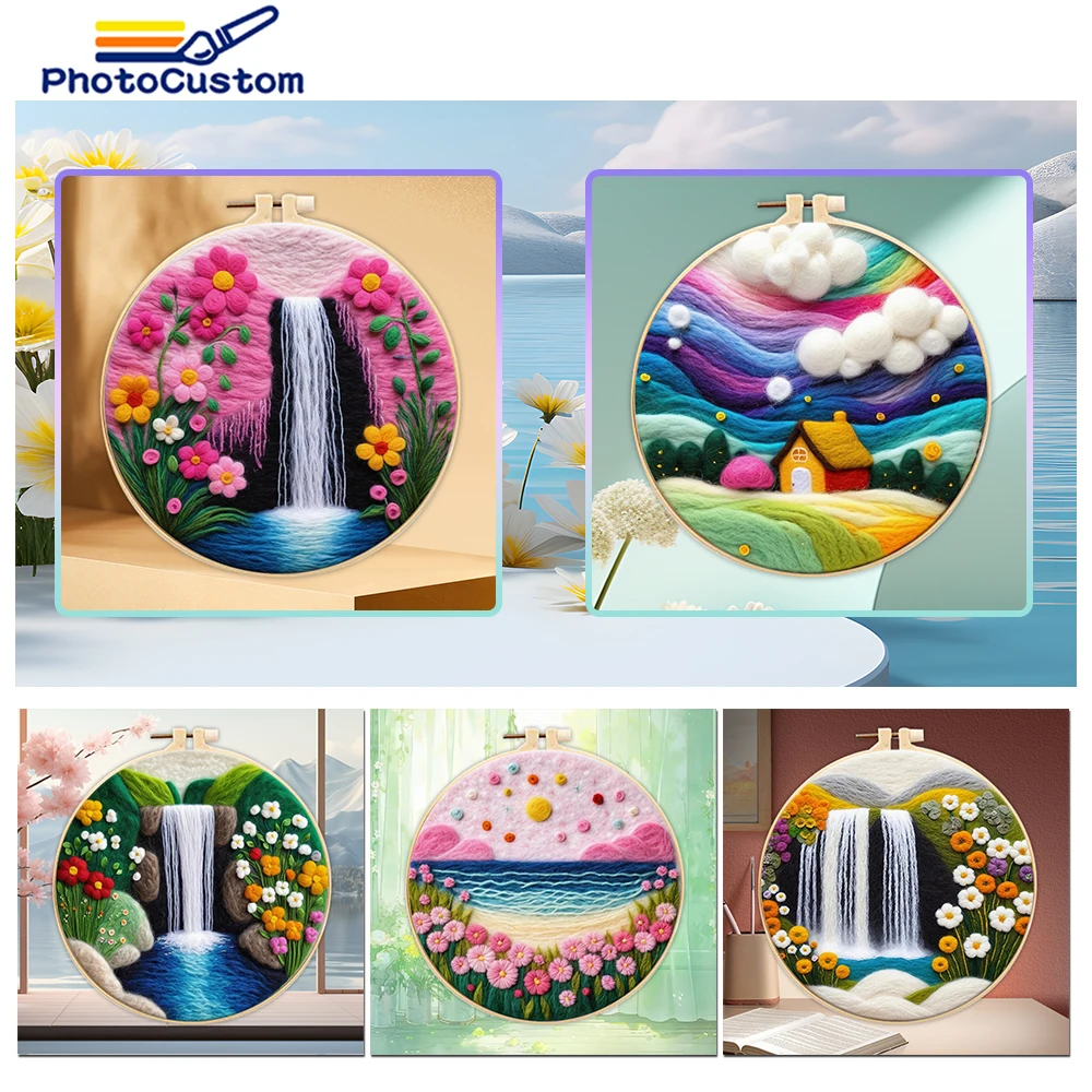 PhotoCustom 20x20cm Frame Embroidery Kits Painting DIY Wool Embroidery Scenery Creative Needle Felt Picture Kit Craft Paintings