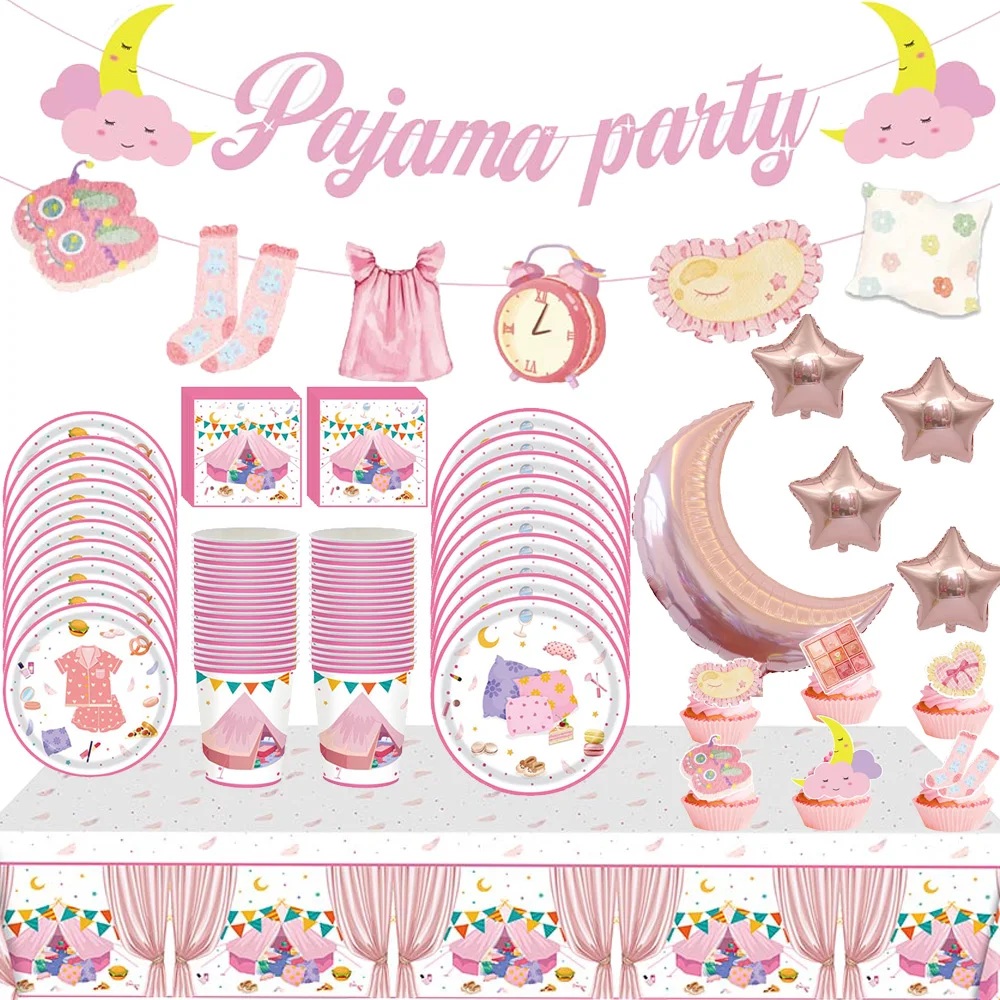 Rosa Pyjama-Party-Dekoration für Mädchen, Pappteller, Servietten, Tassen, Tischdecke, Ballon für Pyjama-Zelte, gute Nacht, Geburtstagsparty-Dekoration