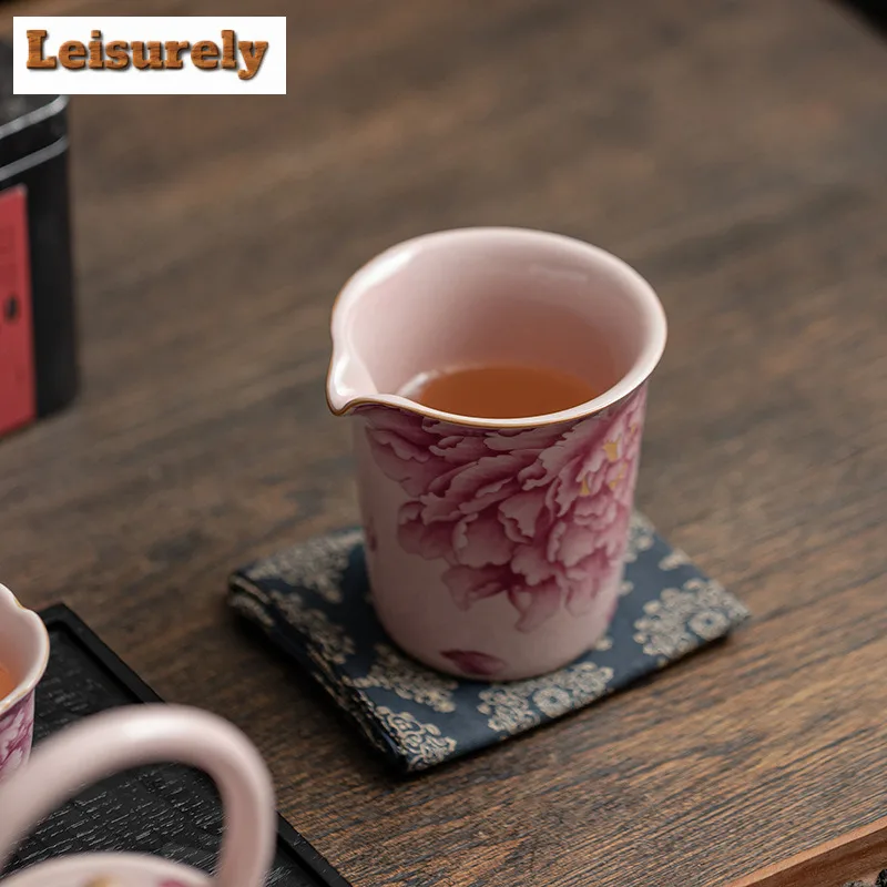 230ML Pink Ru Kiln Peony Flower Tea Pitcher Sharing Pot Cha Hai Dispenser Justice Cup Fair Mug Tea Items Decoration Supplies