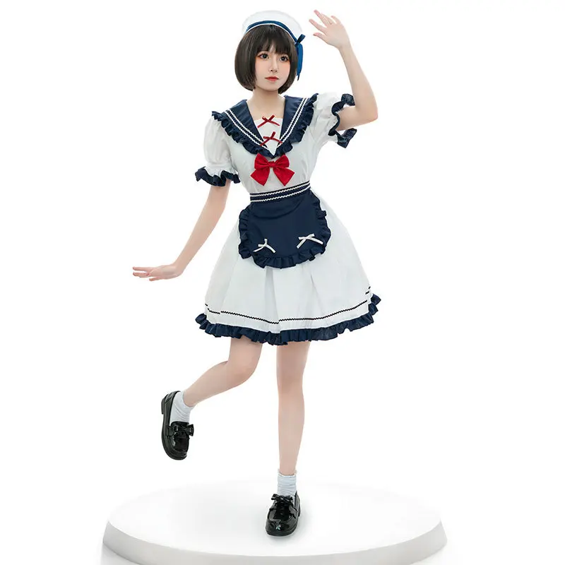 New Japanese Small Navy Dress Lolita Maid Outfit JK Pleated Bow Cute Lolita Dress Women Maid Outfit Anime Servant Uniform