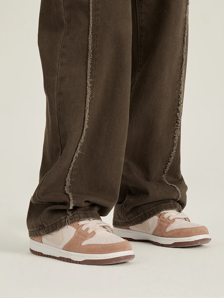 Straight-Leg Pants Women's American-Style Retro Fashionable Brown Wide-Leg Washed Cotton Denim Spring and Autumn Stitching 1Pc