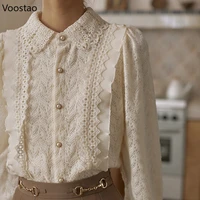 Vintage Elegant Lace Shirt Spring Autumn Women Sweet Long Sleeve Pearl Button Embroidery Blouses Office Lady Chic Ruffles Tops 1
