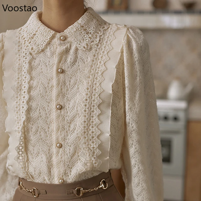 Vintage Elegant Lace Shirt Spring Autumn Women Sweet Long Sleeve Pearl Button Embroidery Blouses Office Lady Chic Ruffles Tops 1