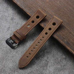 Premium Crazy Horse Leather Watchband - Genuine Cowhide, Breathable Racing Strap - 22mm (Dark Brown)