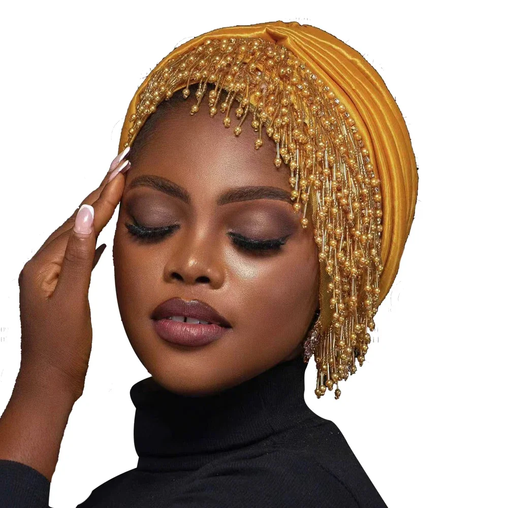 

African Raw Silk Head Wraps Bonnet Pleated Beading Headscarf Hat Turbante Mujer 2024 New Tassels Turban Cap for Women