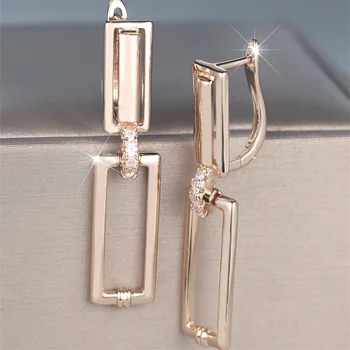Trendy White Zircon Hollow Rectangle Pendant Hoop Earrings For Women Gold Color Ear Buckle Wedding Jewelry Engagement Party Gift
