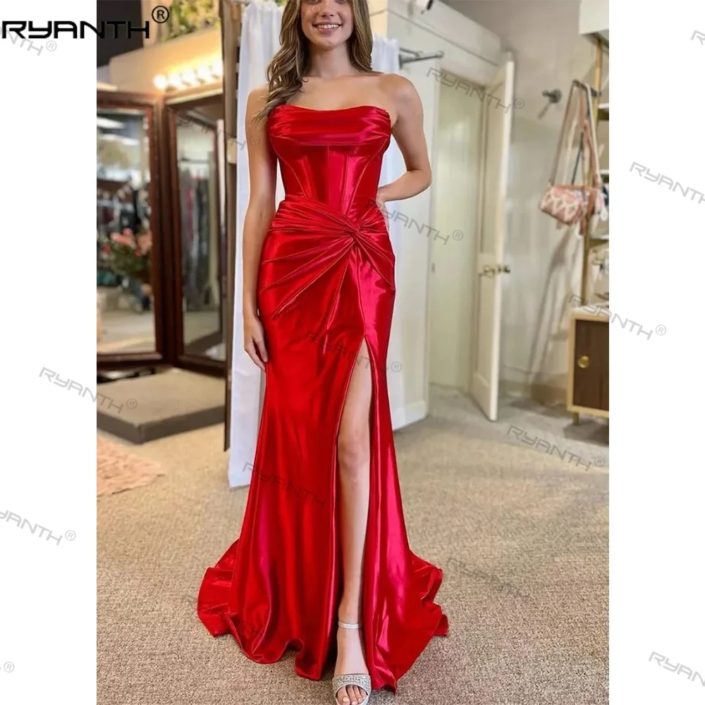 

Ryanth Women's Mermaid Prom Dress with Slit 2024 Strapless Silky Wedding Party Gown Corset Top Ruched Evening Dress Slim Fit