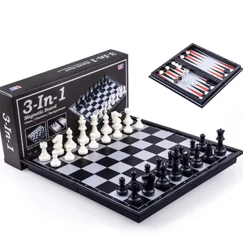 Foldable Magnetic Chess Checkers Backgammon Set - Portable 3 in 1 Chessboard for Family Fun Games 1