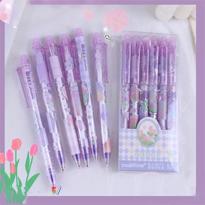 Erasable Gel Pens Romantic Flowers Blue Black Ink Signature Pens Erasers 0.5mm Cute Writing Tools Office School 6pcs